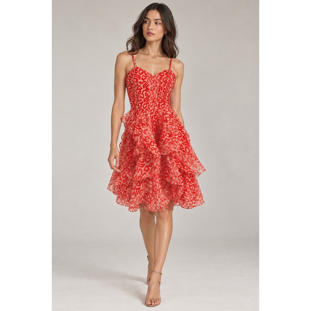 Tracy Reese Silk Organza Dress Sz 4 Red Orange Ciera Animal Ruffle Coquette NWT